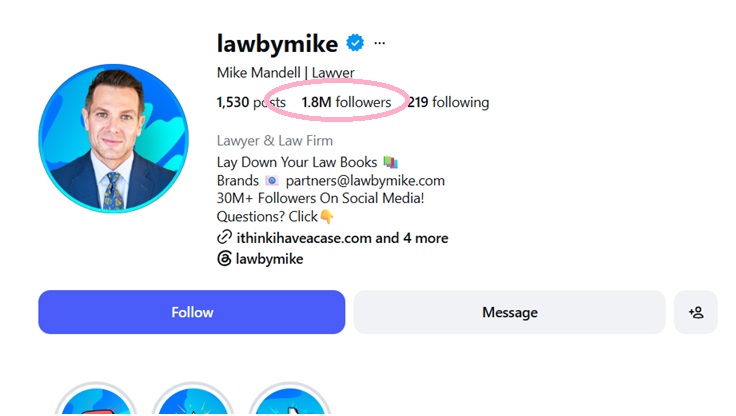 Instagram profile of attorney Mike Mandell (Law by Mike) using hooks to explain common legal questions