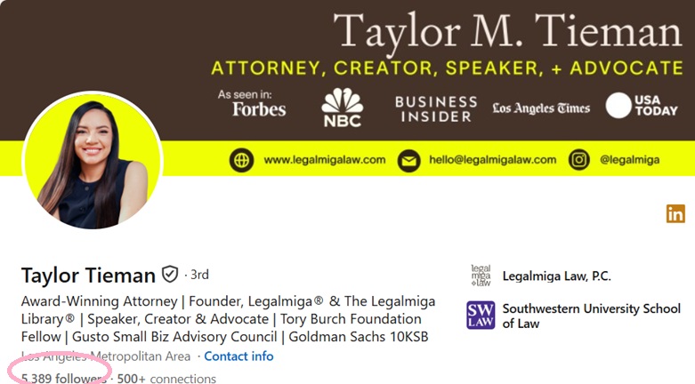 LinkedIn post by attorney Taylor Tieman explaining a legal topic to build her personal brand