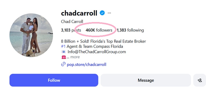 Instagram profile of Florida real estate broker Chad Carroll featuring cinematic luxury listing videos